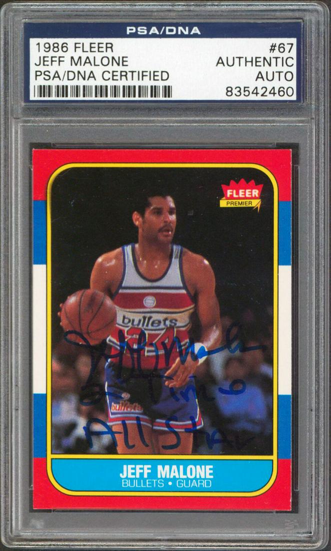 Bullets Jeff Malone "2x Time All-Star" Signed 1986 Fleer #67 Card PSA: Bullets Jeff Malone "2x Time All-Star" Signed 1986 Fleer #67 Card PSA Graded: No Sport: Basketball-NBA Team: Washington Bullets League: NBA Certification Number: 83542460QTY Product Coa: PSA Product S