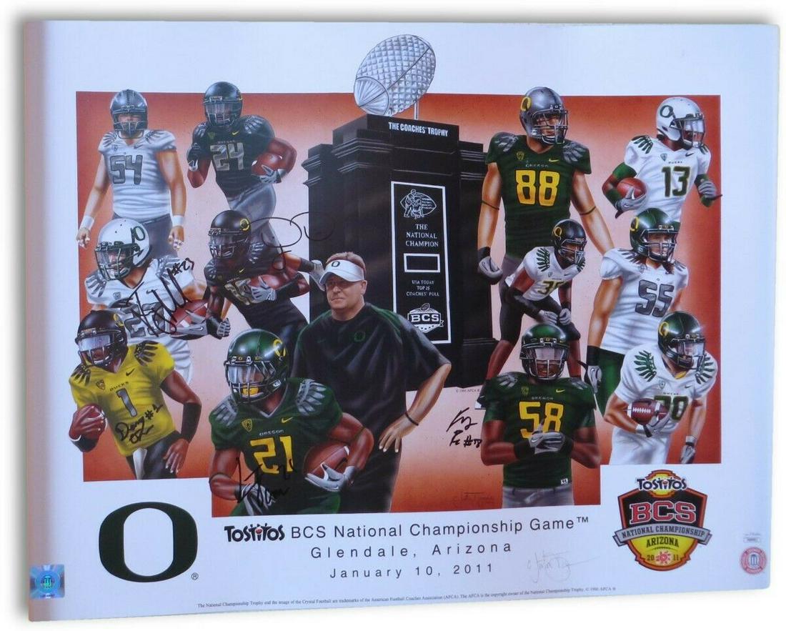 2011 Oregon Multi Signed Autograph 18X24 Poster LaMichael James Six Sigs JSA: 2011 Oregon Multi Signed Autograph 18X24 Poster LaMichael James Six Sigs JSA Sport: Football Product: Photo Original/Reprint: Original Team: Oregon Ducks Autograph Authentication: James Spence (JSA) P