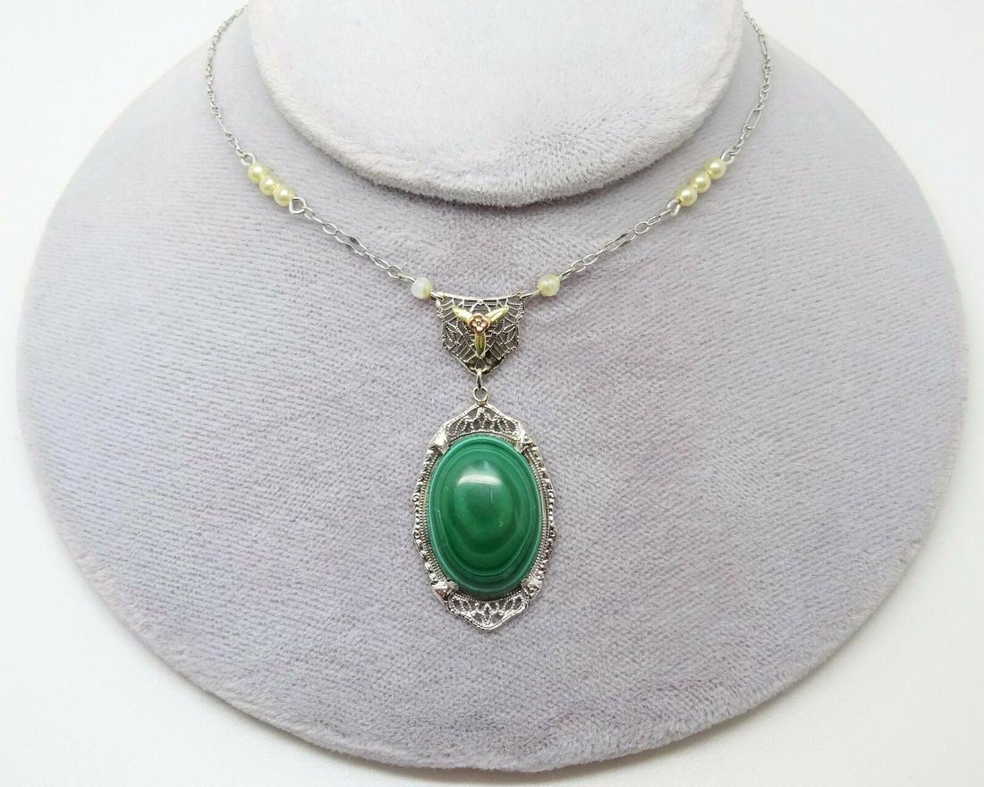 10K Gold Art Deco Malachite Necklace with Seed Pearls: 10K Gold Art Deco Malachite Necklace with Seed Pearls Metal: White Gold / Yellow Gold / Rose Gold Main Stone: Malachite / Pearl Brand: Unbranded Style: Pendant Metal Purity: 10k Type: Necklace 10k gol