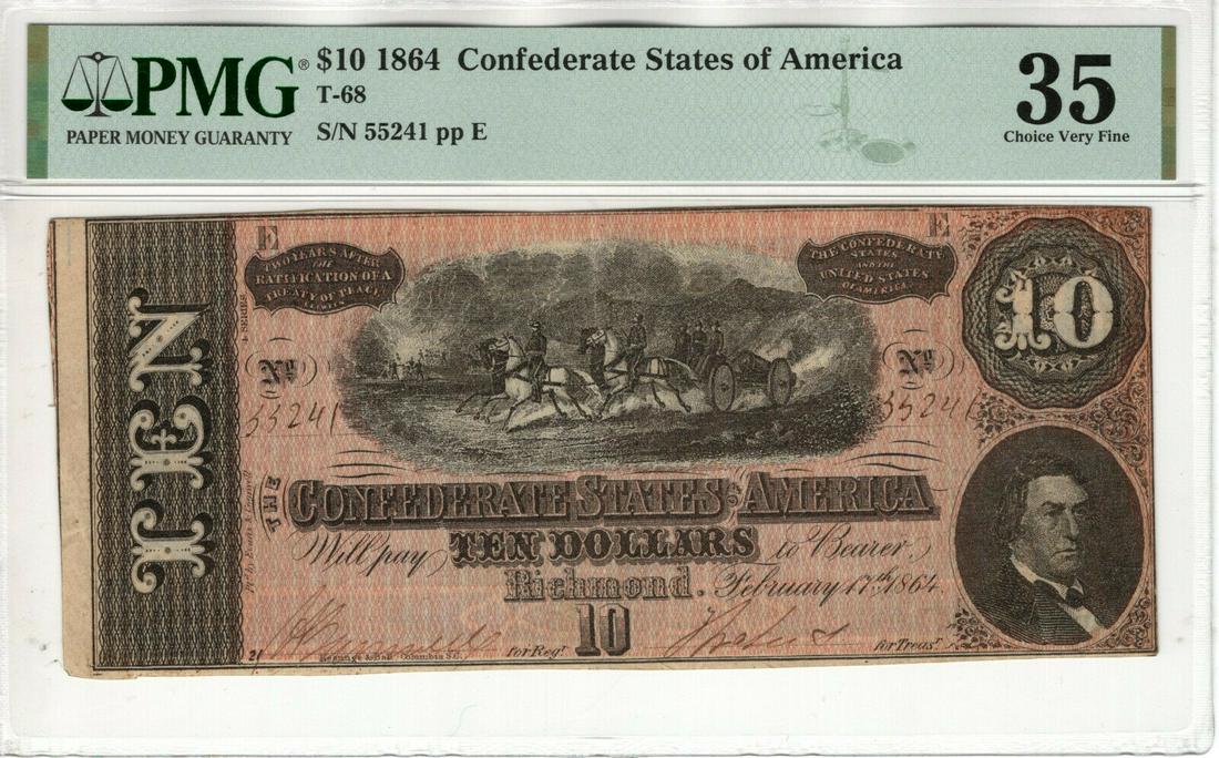 1864 $10 CONFEDERATE STATES OF AMERICA NOTE CURRENCY T-68 PMG CHOICE VF 35: 1864 $10 CONFEDERATE STATES OF AMERICA NOTE CURRENCY T-68 PMG CHOICE VF 35 Country/Region Of Manufacture: United States Certification Number: 2081061-027 Certification: PMG Grade: 35 Type: Confederate