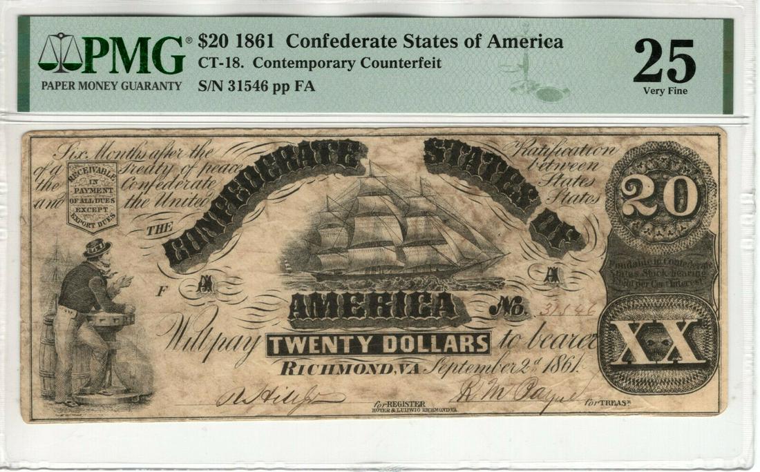 1861 $20 CONFEDERATE STATES OF AMERICA CONTEMPORARY COUNTERFEIT CT-18 PMG VF: 1861 $20 CONFEDERATE STATES OF AMERICA CONTEMPORARY COUNTERFEIT CT-18 PMG VF Country/Region Of Manufacture: United States Certification Number: 2078398-009 Certification: PMG Grade: 25 Type: Confedera