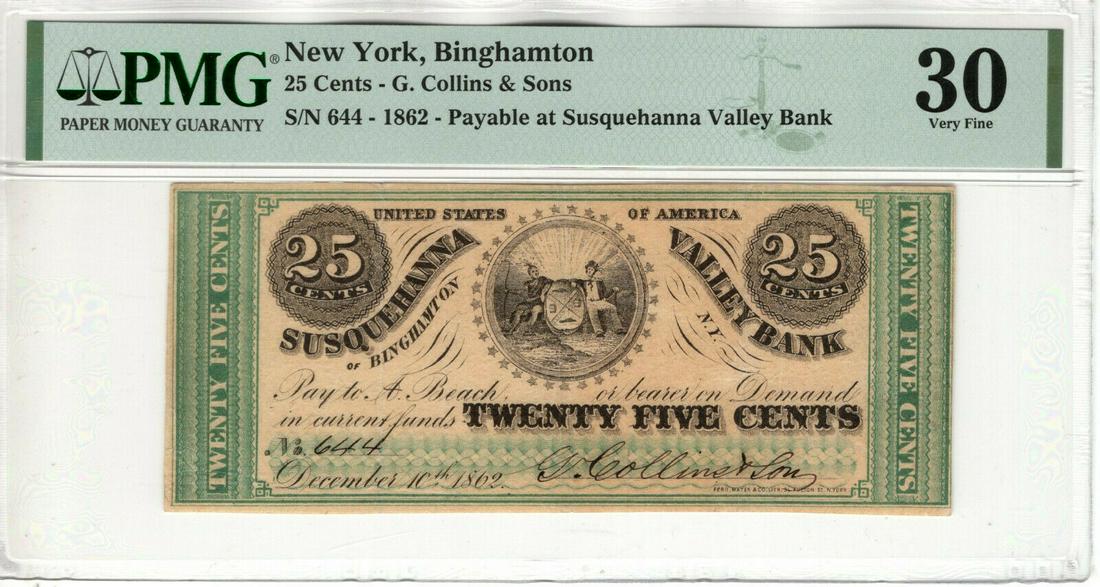 1862 25 CENTS G. COLLINS & SONS BINGHAMTON NEW YORK OBSOLETE NOTE PMG VF: 1862 25 CENTS G. COLLINS & SONS BINGHAMTON NEW YORK OBSOLETE NOTE PMG VF Modified Item: No Country/Region Of Manufacture: United States Certification Number: 2083389-014 Certification: PMG Grade: 30 T
