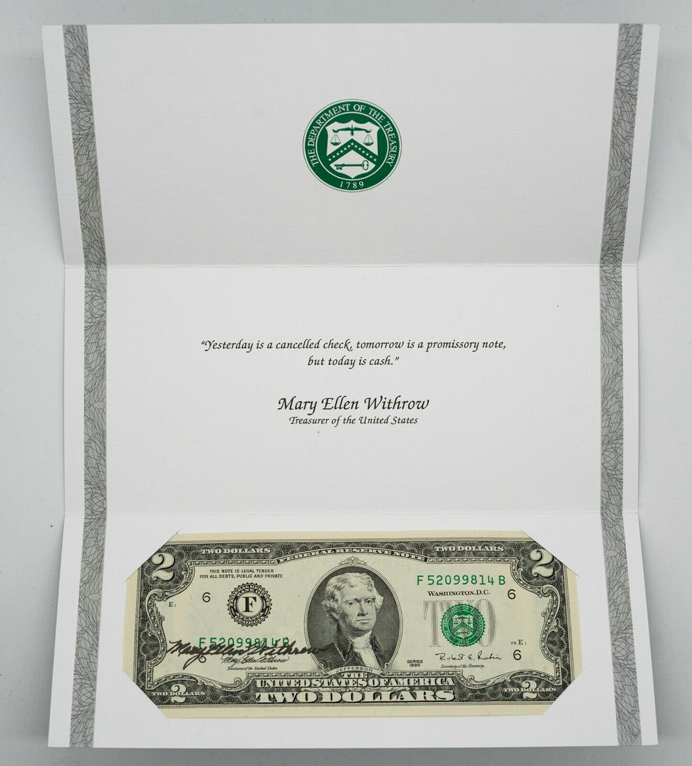 1995 $2 FRN COURTESY AUTOGRAPH NOTE PAMPHLET MARY ELLEN WITHROW US: 1995 $2 FRN COURTESY AUTOGRAPH NOTE PAMPHLET MARY ELLEN WITHROW US Modified Item: No Country/Region Of Manufacture: United States Certification: Uncertified Grade: Ungraded Year: 1995 Circulated/Uncir