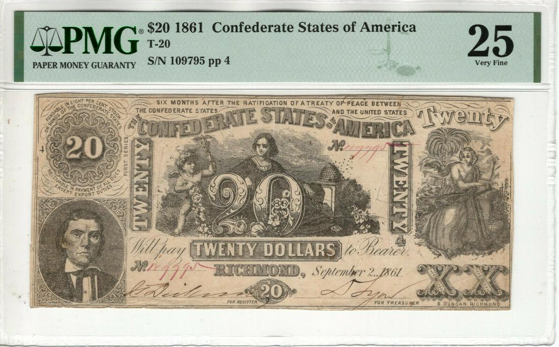 1861 $20 CONFEDERATE STATES OF AMERICA T-20 NOTE CURRENCY PMG VERY FINE VF: 1861 $20 CONFEDERATE STATES OF AMERICA T-20 NOTE CURRENCY PMG VERY FINE VF Country/Region Of Manufacture: United States Certification Number: 2079814-040 Certification: PMG Grade: 25 Type: Confederate