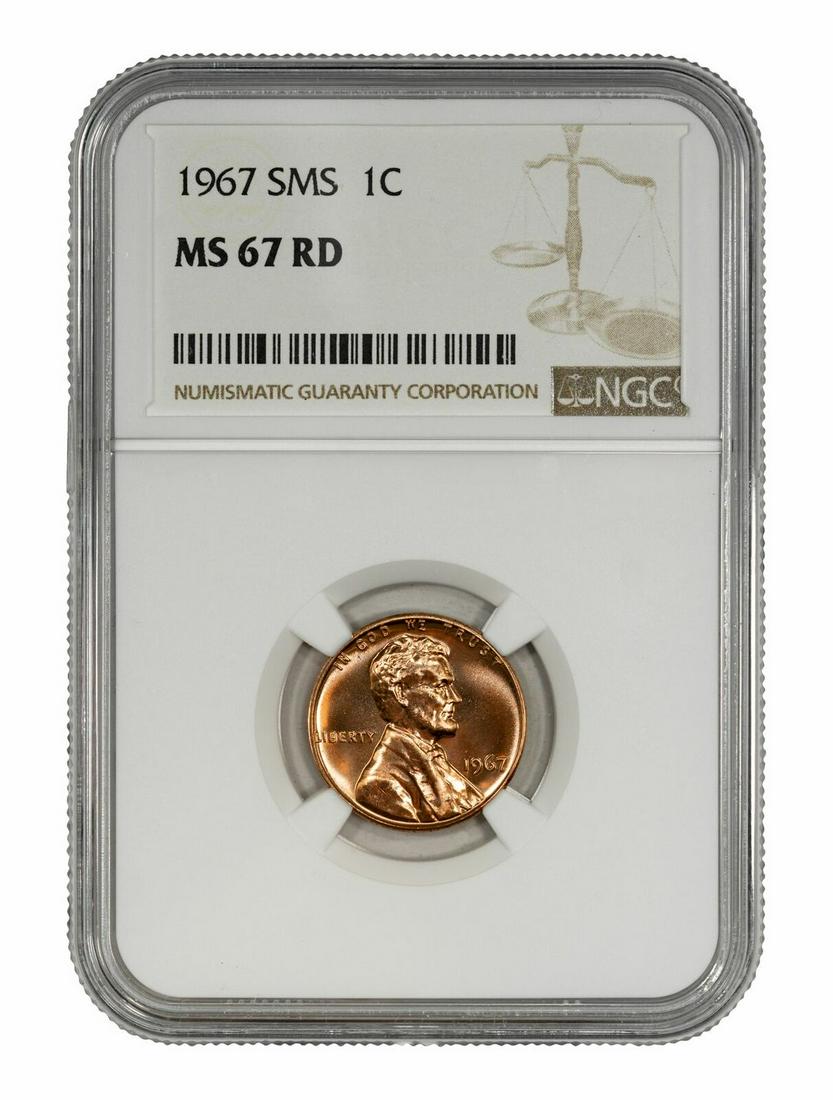 1967 SMS LINCOLN MEMORIAL CENT PENNY 1C NGC CERTIFIED MS 67: 1967 SMS LINCOLN MEMORIAL CENT PENNY 1C NGC CERTIFIED MS 67 Certification: NGC Composition: Copper-Tin-Zinc Grade: MS-67 Year: 1967 Circulated/Uncirculated: Uncirculated Strike Type: MS Mint Location: