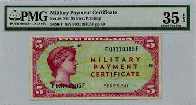 Series 541 $5 MPC PMG CH VF35 EPQ S856-1 First Printing: Series 541 $5 MPC PMG CH VF35 EPQ S856-1 First Printing Grading Service: PMG Grade: VF35 Year: NONE The MYNT Guarantee: All items in this auction are guaranteed authentic and come with a 100% money-ba