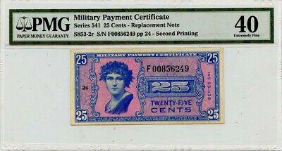 Series 541 25 Cents MPC PMG EF40 S853-2r Second Printing: Series 541 25 Cents MPC PMG EF40 S853-2r Second Printing Grading Service: PMG Grade: XF40 Year: NONE The MYNT Guarantee: All items in this auction are guaranteed authentic and come with a 100% money-b