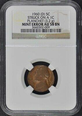1960 (D) Nickel 5C Struck on Cent Planchet Mint Error NGC AU58BN: 1960 (D) Nickel 5C Struck on Cent Planchet Mint Error NGC AU58BN Grading Service: NGC Grade: AU58 Mint Location: Denver Year: 1960 Designation: NONE Strike: N/A The MYNT Guarantee: All items in this a