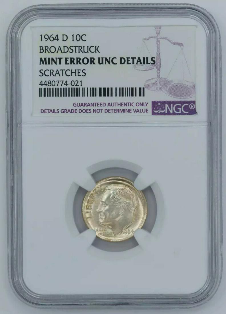 1964 D ROOSEVELT DIME 10C NGC UNC DETAILS - MINT ERROR BROADSTRUCK: 1964 D ROOSEVELT DIME 10C NGC UNC DETAILS - MINT ERROR BROADSTRUCK Certification: NGC Composition: Silver Grade: UNC Details Year: 1964 Circulated/Uncirculated: Unknown Strike Type: MS Mint Location: