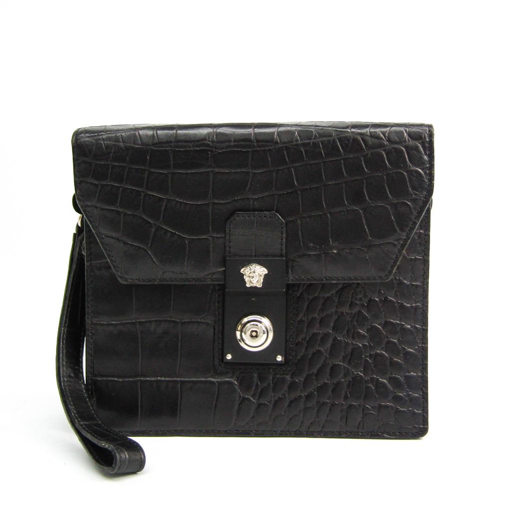 Versace Unisex Leather Clutch Bag Black: Versace Unisex Leather Clutch Bag Black Brand: Versace Country of Origin: Italy Type: Clutch bag Material: Leather Leather: Leather/Fur Type: Embossed leather Color: Black Hardware Color: Silver Closu