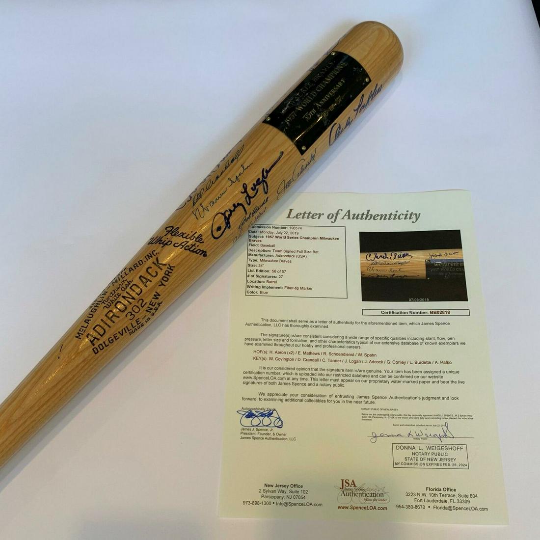 1957 Milwaukee Braves World Series Champs Team Signed Bat Hank Aaron JSA: 1957 Milwaukee Braves World Series Champs Team Signed Bat Hank Aaron JSA Autograph Authentication: James Spence (JSA) Team: Atlanta Braves Product: Bat Original/Reprint: Original Sport: Baseball-MLB P