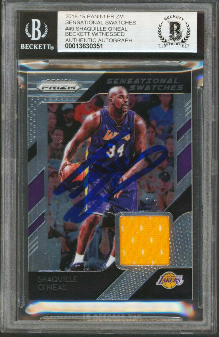 Shaquille O'Neal Signed 2018 Panini Prizm Swatches #49 Card Auto 10! BAS: Shaquille O'Neal Signed 2018 Panini Prizm Swatches #49 Card Auto 10! BAS Graded: Yes Sport: Basketball-NBA Team: Los Angeles Lakers League: NBA Certification Number: 13630351 Product Coa: Beckett Prod
