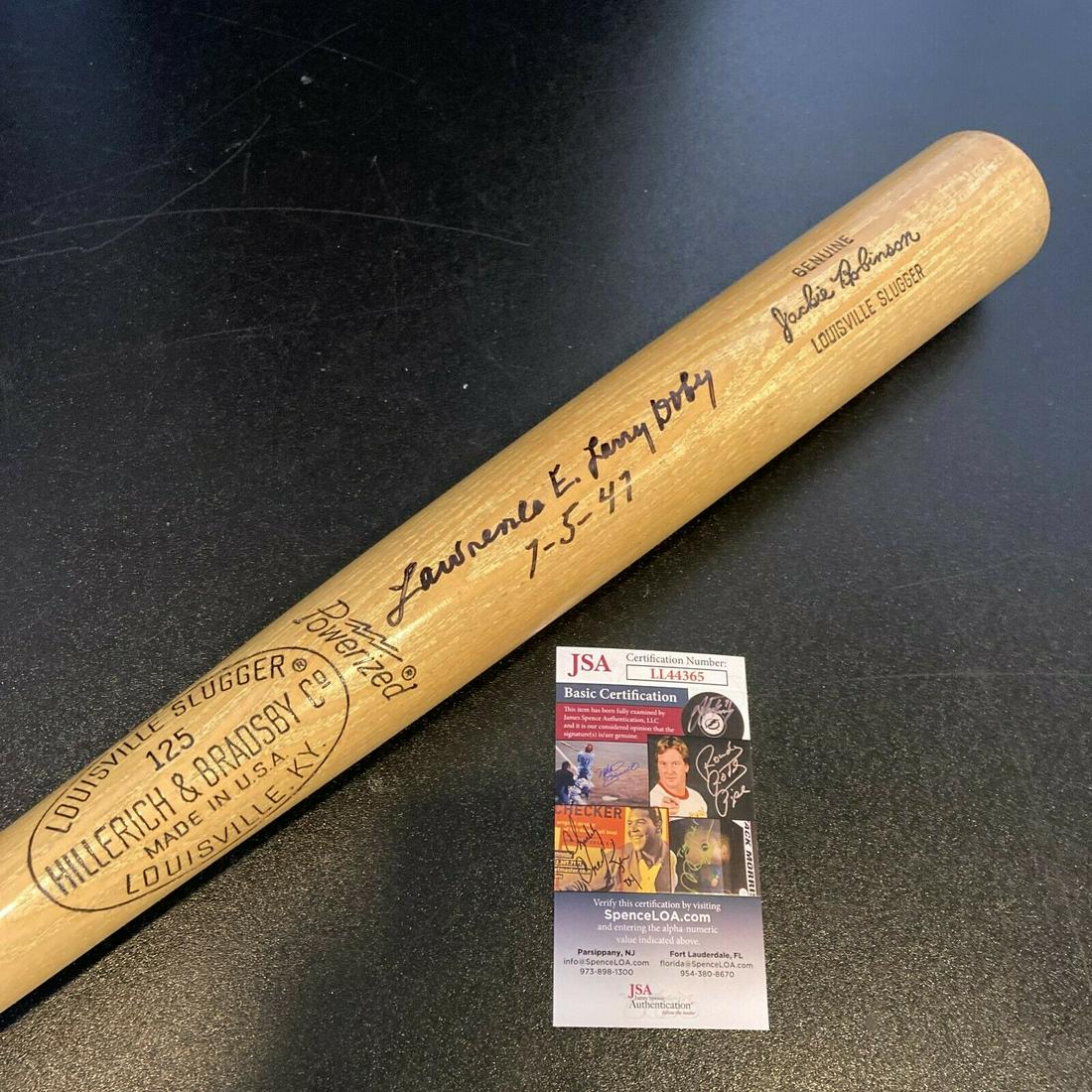 Lawrence Eugene Larry Doby Full Name July 5 1947 Signed Jackie Robinson Bat: Lawrence Eugene Larry Doby Full Name July 5 1947 Signed Jackie Robinson Bat Product: Bat Sport: Baseball-MLB Autograph Authentication: James Spence (JSA) Original/Reprint: Original Pre-Owned PLEASE NO