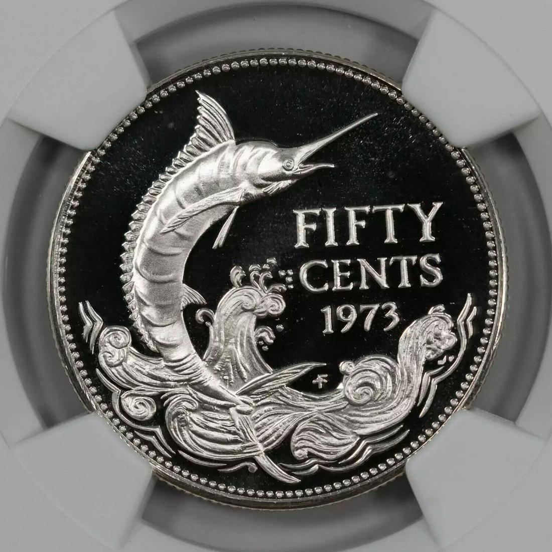 1973 FM PROOF BAHAMAS BLUE MARLIN FISH S50C SILVER NGC PF 69 ULTRA CAMEO (012): 1973 FM PROOF BAHAMAS BLUE MARLIN FISH S50C SILVER NGC PF 69 ULTRA CAMEO (012) Certification: NGC Composition: Silver Grade: PF-69 Year: 1973 Circulated/Uncirculated: Uncirculated Strike Type: PR Mint