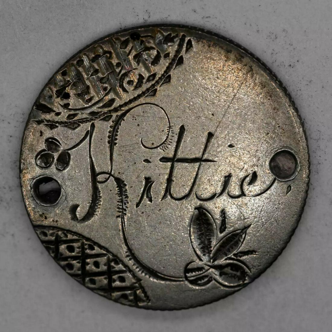 1888 SEATED LIBERTY DIME 10C - LOVE TOKEN "KITTIE" HOLED AND A HALF XF (4576): 1888 SEATED LIBERTY DIME 10C - LOVE TOKEN "KITTIE" HOLED AND A HALF XF (4576) Certification: Uncertified Composition: Silver Year: 1888 Circulated/Uncirculated: Unknown Strike Type: No Grade Country: