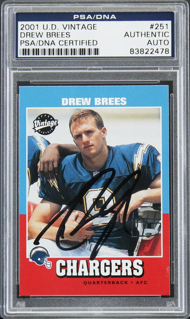 Chargers Drew Brees Signed 2001 Upper Deck Vintage #251 Rookie Card PSA Slabbed: Chargers Drew Brees Signed 2001 Upper Deck Vintage #251 Rookie Card PSA Slabbed Graded: No Sport: Football-NFL Team: San Diego Chargers League: NFL Certification Number: 83822478 Product Coa: PSA Prod