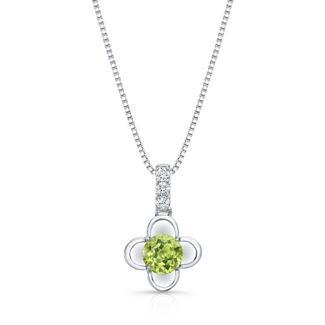Peridot And Diamond Floral-shaped Reflection Pendant In 14k White Gold (6mm: Peridot And Diamond Floral-shaped Reflection Pendant In 14k White Gold (6mm Simple And Sweet Floral-shaped Reflection Pendant Showcases A 6mm Round Peridot Center And A Diamond Bail With 0.10 Carats O