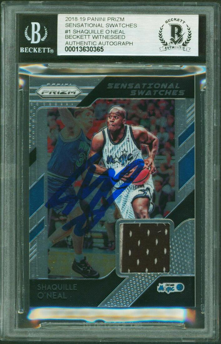 Shaquille O'Neal Signed 2018 Panini Prizm Swatches #1 Card Auto 10! BAS Slabbed: Shaquille O'Neal Signed 2018 Panini Prizm Swatches #1 Card Auto 10! BAS Slabbed Graded: Yes Sport: Basketball-NBA Team: Orlando Magic League: NBA Certification Number: 13630365 Product Coa: Beckett Pr
