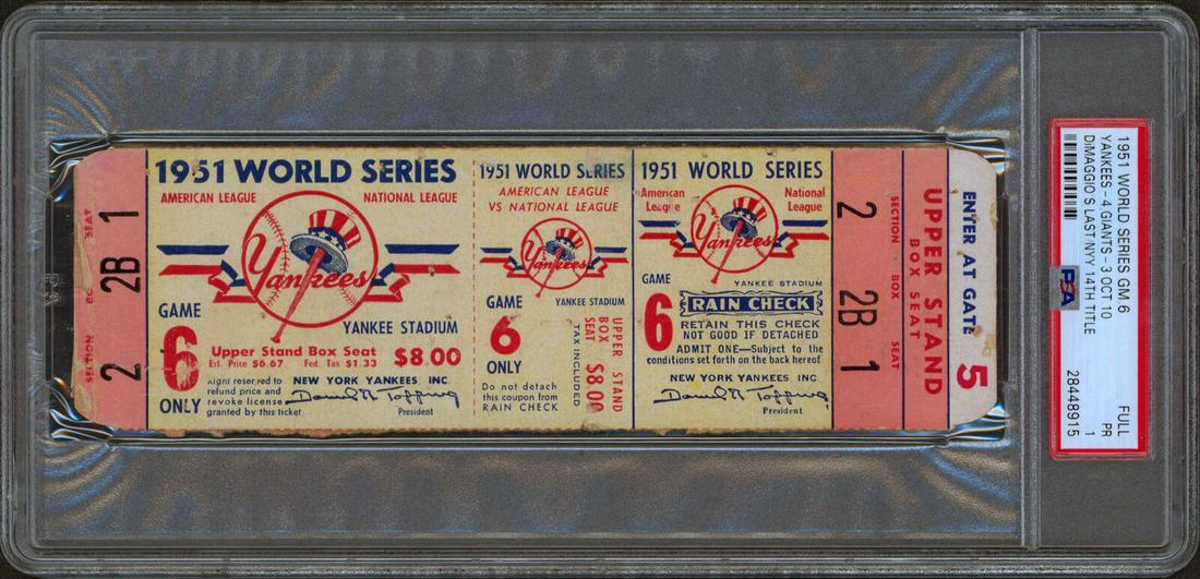 Yankees 1951 WS Game 6 Full Ticket Stub Joe DiMaggio's Final Game PSA Slabbed: Yankees 1951 WS Game 6 Full Ticket Stub Joe DiMaggio's Final Game PSA Slabbed Sport: Baseball-MLB Product: Not Available Original/Reprint: Original Team: New York Yankees Autograph Authentication: PSA