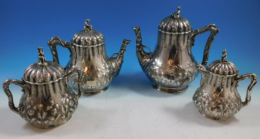 George Sharp Sterling Silver Tea Set 4pc with 3-D Cast Japanese Finials (#2264): George Sharp Sterling Silver Tea Set 4pc with 3-D Cast Japanese Finials (#2264) Age: 1850-1899 Brand: George Sharp Pattern: Unknown Composition: Sterling Silver George sharpfour piece sterling silver