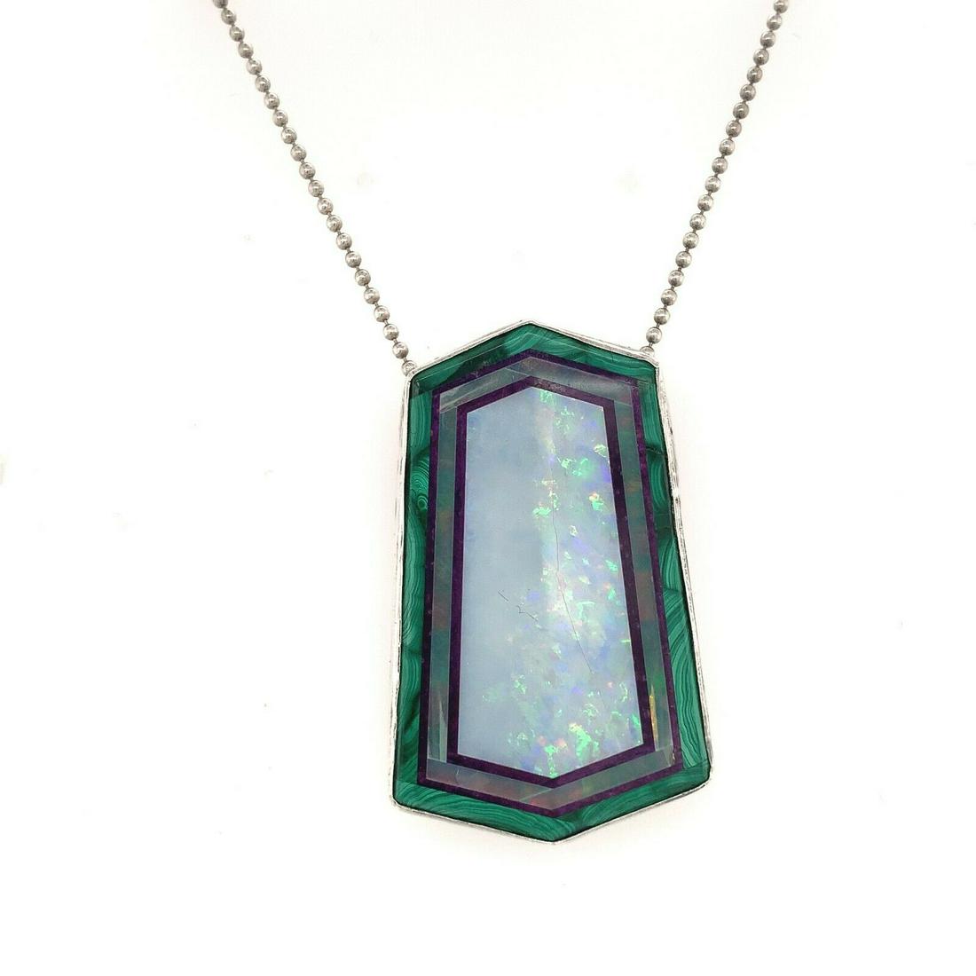 Kaufmann Sterling Genuine Natural Opal Intarsia Large Pendant (#J5396): Kaufmann Sterling Genuine Natural Opal Intarsia Large Pendant (#J5396) Style: Pendant Base Metal: Sterling Silver Certification: GIA Material: Metal Type: Pendant Secondary Stone: Malachite Main Stone