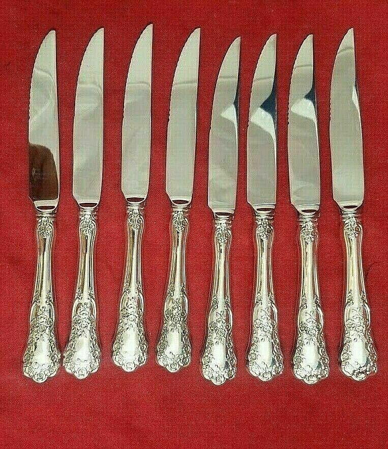 Buttercup by Gorham Sterling Silver Steak Knife Set of 8 HHWS Custom 8 1/2": Buttercup by Gorham Sterling Silver Steak Knife Set of 8 HHWS Custom 8 1/2" Maker: Gorham Composition: Sterling Silver Age: Post-1940 Brand: Gorham Pattern: Buttercup Type: Flatware - Knives Intricate