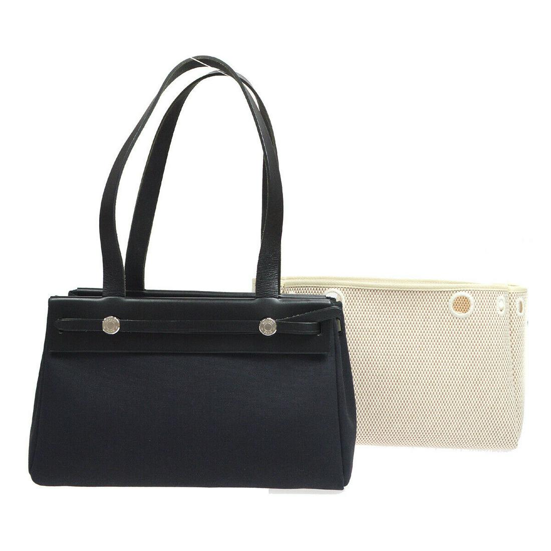 HERMES HERBAG CABAS PM 2 in 1 Hand Bag Black Natural Officier GM C#H: HERMES HERBAG CABAS PM 2 in 1 Hand Bag Black Natural Officier GM C#H Size: Medium Accents: Lock Model: HERMES Herbag Cabas Style: Tote Handle Style: Double Handles Bag Height: 8.3 Exterior Color: Blac