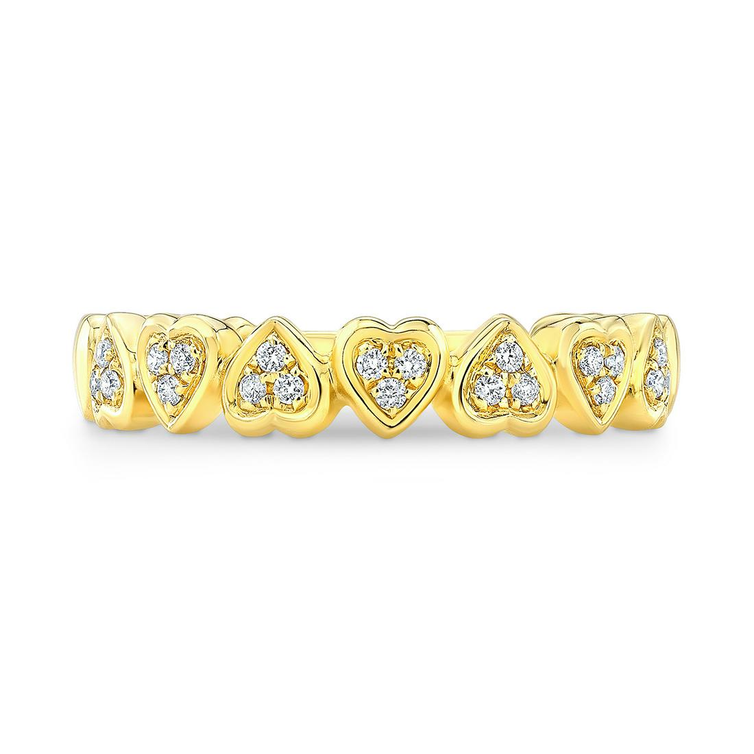Diamond Pave Hearts Stackable Ring In 18k Yellow Gold: Diamond Pave Hearts Stackable Ring In 18k Yellow Gold Alternating Hearts Band Showcases 1/10 Carat Of Round Brilliant Cut Diamonds Beautifully Pave-set In 18k Yellow Gold 18k Yellow Gold Band With 21