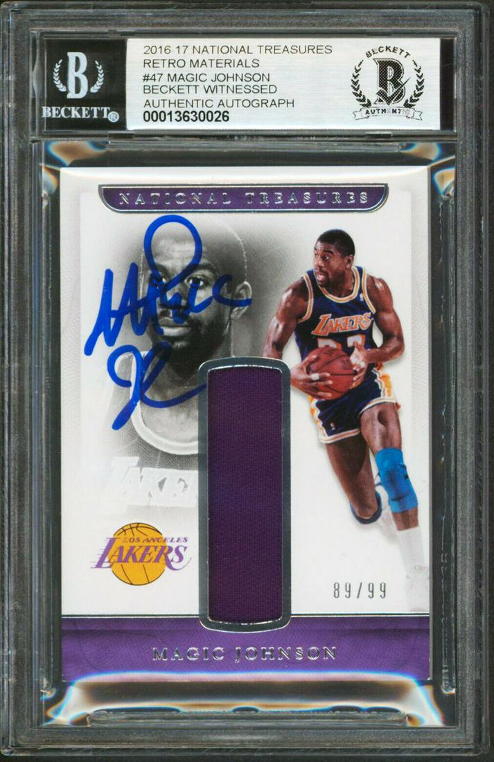 Magic Johnson Signed 2017 Nat Treasures Retro Mat 47 89/99 Card Auto 10 BAS: Magic Johnson Signed 2017 Nat Treasures Retro Mat 47 89/99 Card Auto 10 BAS Graded: Yes Sport: Basketball-NBA Team: Los Angeles Lakers League: NBA Certification Number: 13630026 Product Coa: Beckett P