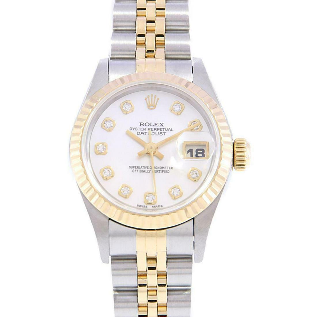 ROLEX 69173NG Datejust SSxYG Automatic: ROLEX 69173NG Datejust SSxYG Automatic Brand: ROLEX Color: White shell Diamond Size: Case diameter 26mm Max Arm size: 15cm Accessories: With genuine box Additionalinfo: Automatic waterproof Type: Wris