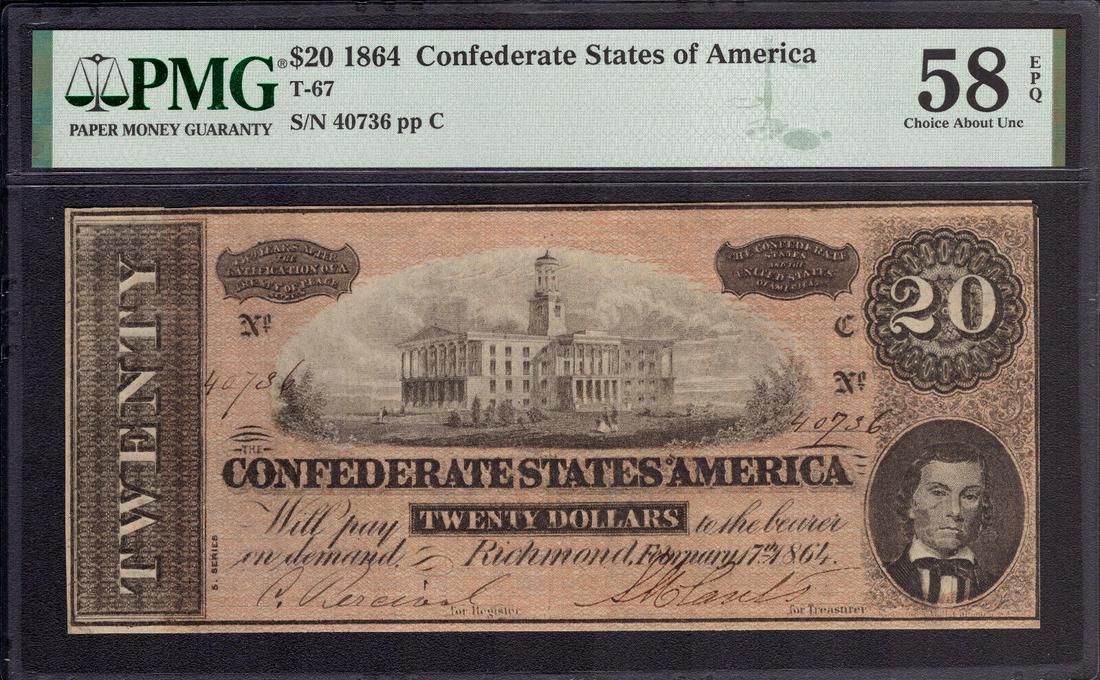 1864 $20 CONFEDERATE STATES OF AMERICA NOTE CURRENCY T-67 PMG CHOICE AU 58 EPQ: 1864 $20 CONFEDERATE STATES OF AMERICA NOTE CURRENCY T-67 PMG CHOICE AU 58 EPQ Certification Number: 2514396-013 Certification: PMG Grade: 58 Type: Confederate Currency Circulated/Uncirculated: Circul