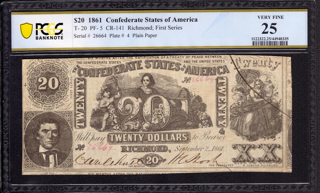 1861 $20 CONFEDERATE STATES OF AMERICA NOTE T-20 PF-5 PCGS B VERY FINE VF 25: 1861 $20 CONFEDERATE STATES OF AMERICA NOTE T-20 PF-5 PCGS B VERY FINE VF 25 Certification Number: 44940335 Certification: PCGS Banknote Grading Grade: 25 Type: Confederate Currency Circulated/Uncircu
