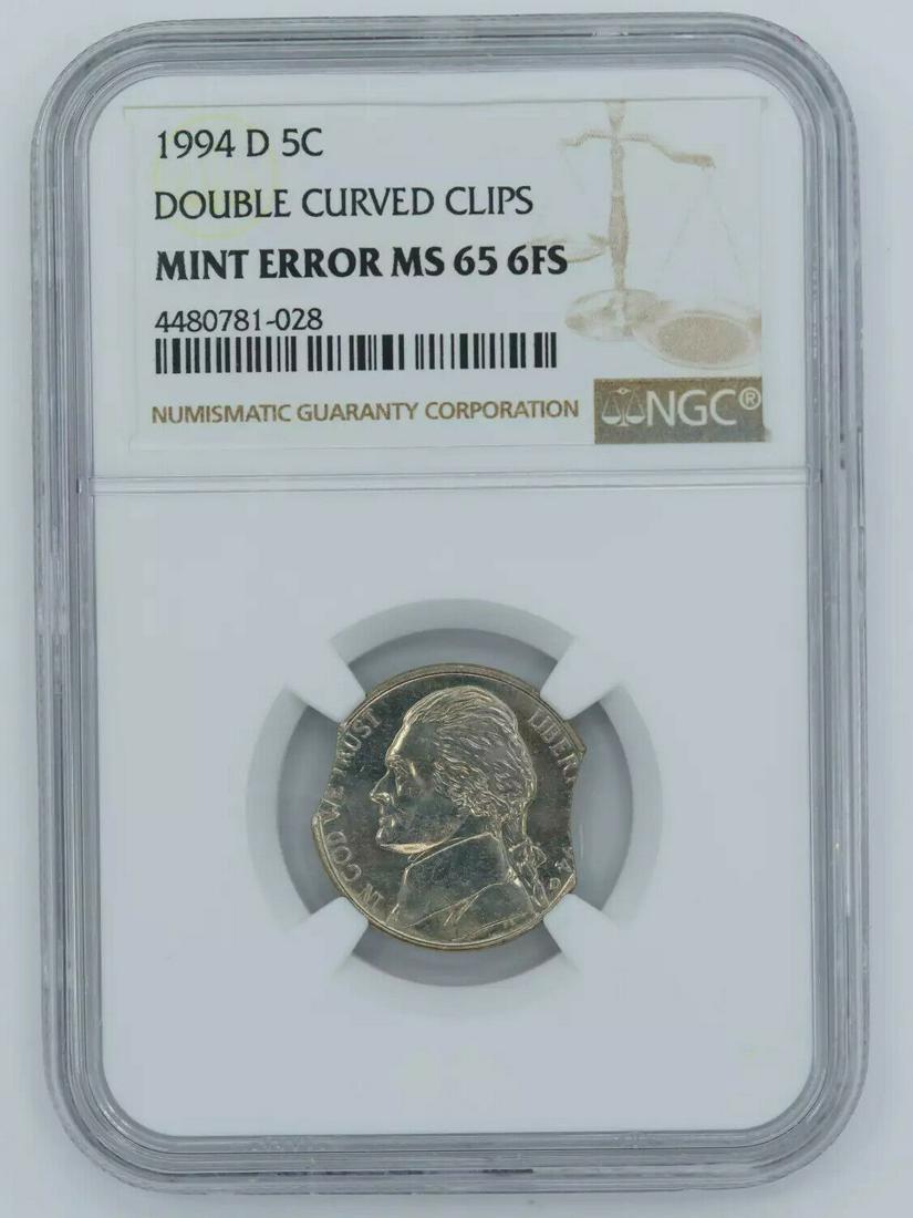 1994 D JEFFERSON NICKEL 5C NGC MS 65 6FS UNC - MINT ERROR DBL CURVED CLIPS (028): 1994 D JEFFERSON NICKEL 5C NGC MS 65 6FS UNC - MINT ERROR DBL CURVED CLIPS (028) Certification: NGC Composition: Nickel Grade: MS-64 Year: 1994 Circulated/Uncirculated: Uncirculated Strike Type: MS Mi