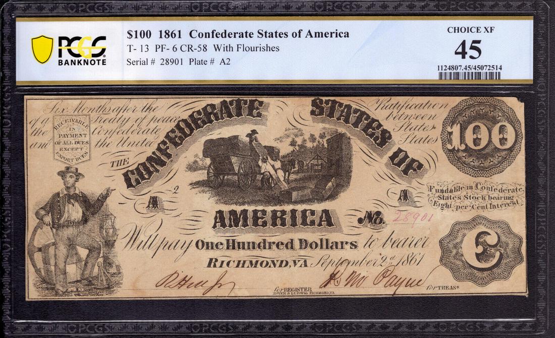 1861 $100 CONFEDERATE STATES OF AMERICA NOTE T-13 PF-6 PCGS B CHOICE XF EF 45: 1861 $100 CONFEDERATE STATES OF AMERICA NOTE T-13 PF-6 PCGS B CHOICE XF EF 45 Certification Number: 45072514 Certification: PCGS Banknote Grading Grade: 45 Type: Confederate Currency Circulated/Uncirc
