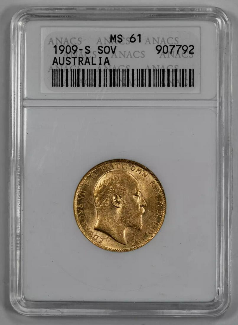 1909 S AUSTRALIA SOVEREIGN GOLD ANACS CERTIFIED MS 61 MINT STATE UNC (792): 1909 S AUSTRALIA SOVEREIGN GOLD ANACS CERTIFIED MS 61 MINT STATE UNC (792) Certification: ANACS Composition: Gold Grade: MS-61 Year: 1909 Circulated/Uncirculated: Uncirculated Strike Type: MS Mint Loc