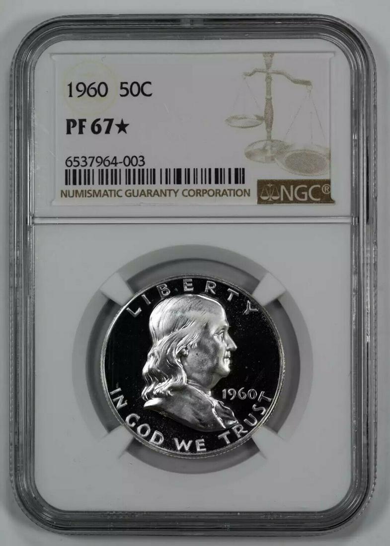 1960 PROOF FRANKLIN HALF DOLLAR 50C NGC CERTIFIED PF 67* STAR PROOF (003): 1960 PROOF FRANKLIN HALF DOLLAR 50C NGC CERTIFIED PF 67* STAR PROOF (003) Certification: NGC Composition: Silver Grade: PF-67* Year: 1960 Circulated/Uncirculated: Uncirculated Strike Type: PR Mint Loc