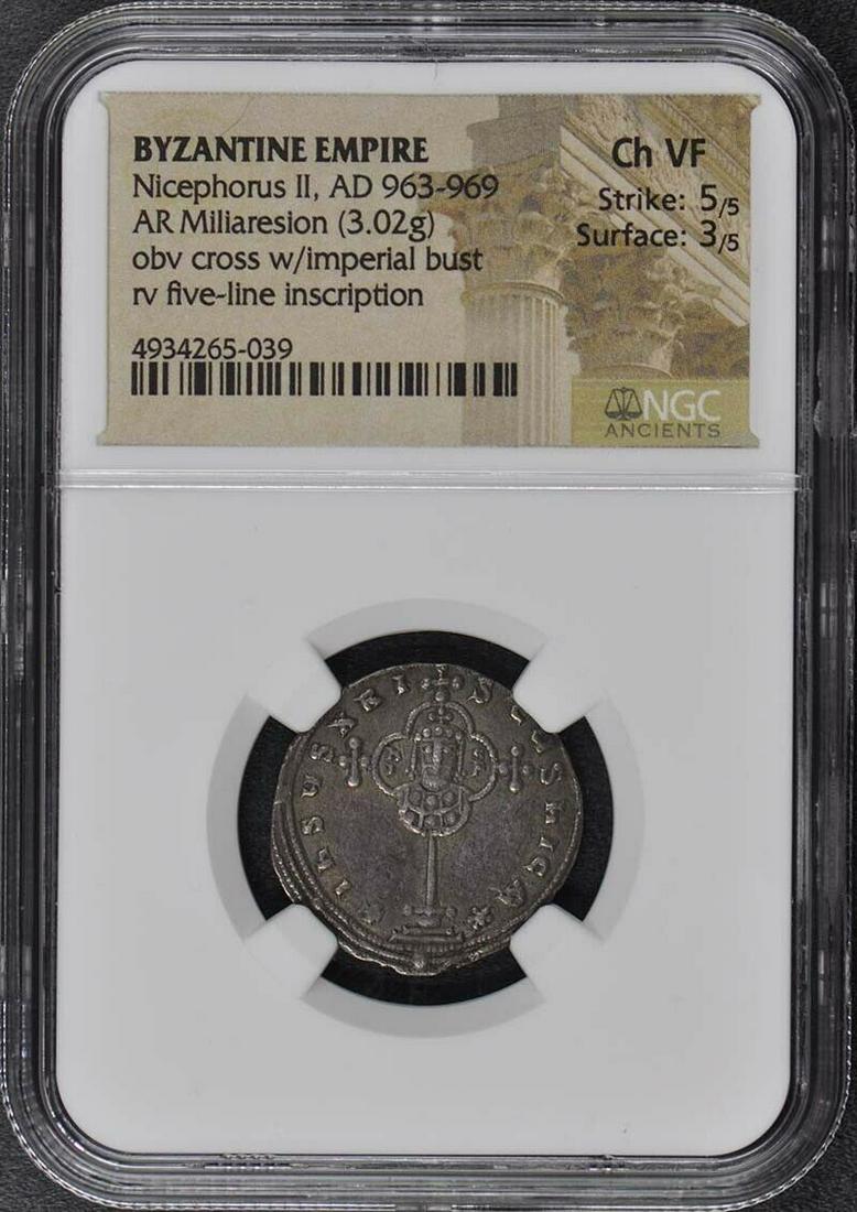 Nicephorus II AD 963-969 BYZANTINE EMPIRE AR Miliaresion NGC VF30: Nicephorus II AD 963-969 BYZANTINE EMPIRE AR Miliaresion NGC VF30 Certification: NGC Certification Number: 4934265039 Grade: VF30 Pre-Owned The MYNT Guarantee: All items in this auction are guaranteed