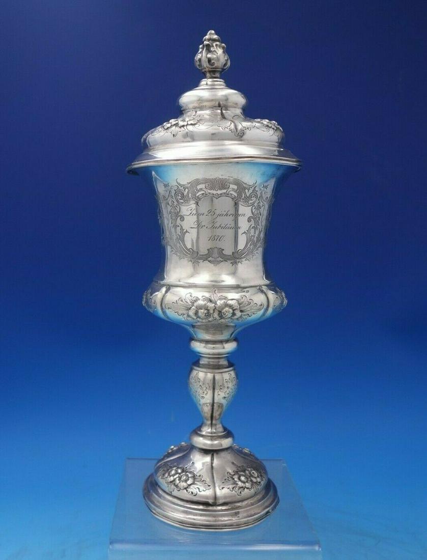 German .812 Silver Chalice Gold Washed Interior with Lid Chased Flowers: German .812 Silver Chalice Gold Washed Interior with Lid Chased Flowers Material: Silver Region: Germany Type: Chalice Remarkable german. 812 silver chalice with gold washed interior and chased flower