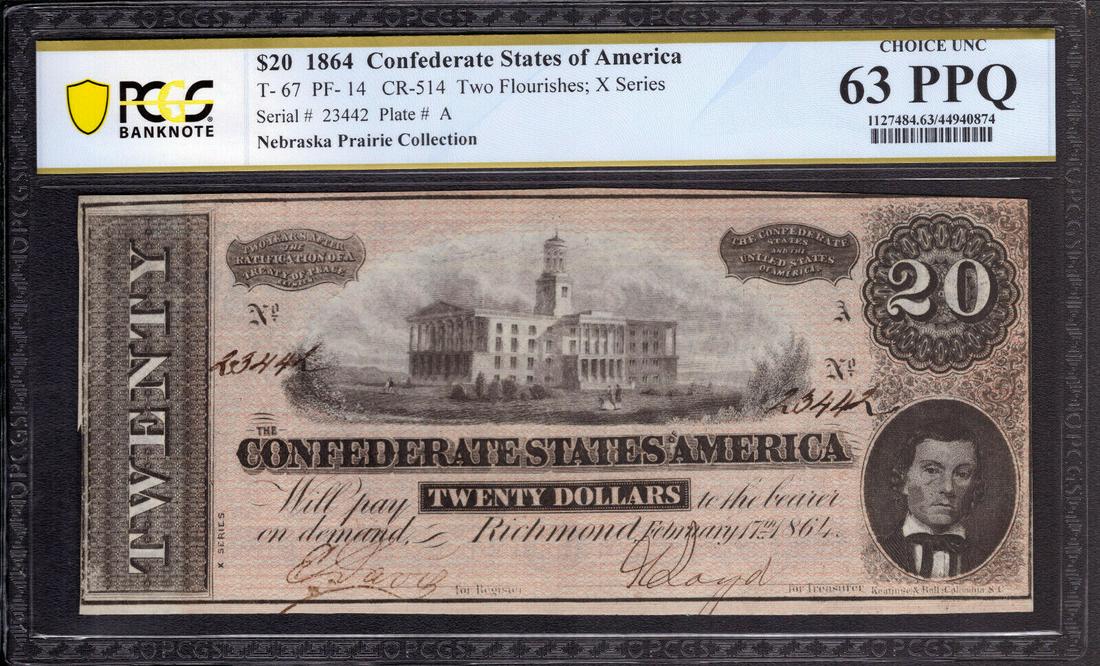 1864 $20 CONFEDERATE STATES OF AMERICA NOTE T-67 PF-14 PCGS B CHOICE UNC 63 PPQ: 1864 $20 CONFEDERATE STATES OF AMERICA NOTE T-67 PF-14 PCGS B CHOICE UNC 63 PPQ Certification Number: 44940874 Certification: PCGS Banknote Grading Grade: 63 Type: Confederate Currency Circulated/Unci