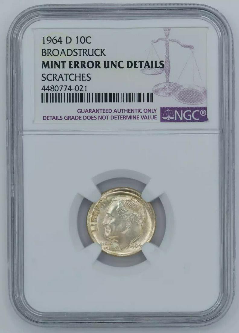 1964 D ROOSEVELT DIME 10C NGC UNC DETAILS - MINT ERROR BROADSTRUCK (021): 1964 D ROOSEVELT DIME 10C NGC UNC DETAILS - MINT ERROR BROADSTRUCK (021) Certification: NGC Composition: Silver Grade: UNC Details Year: 1964 Circulated/Uncirculated: Unknown Strike Type: MS Mint Loca