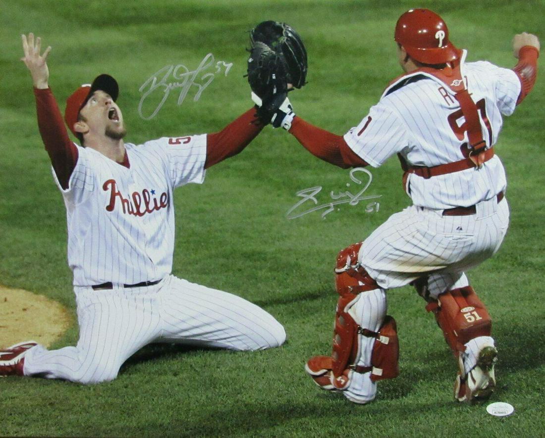 Brad Lidge/Carlos Ruiz Phillies Signed "Last Out 2008 WS" 16x20 Photo JSA: Brad Lidge/Carlos Ruiz Phillies Signed "Last Out 2008 WS" 16x20 Photo JSA Sport: Baseball-MLB Product: Photo Original/Reprint: Original Team: Philadelphia Phillies Autograph Authentication: JSA League