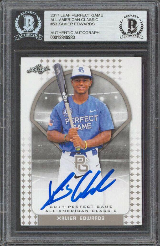 Padres Xavier Edwards Signed 2017 Leaf Perfect Game #53 Rookie Card BAS: Padres Xavier Edwards Signed 2017 Leaf Perfect Game #53 Rookie Card BAS Graded: No Sport: Baseball-MLB Team: San Diego Padres League: MLB Certification Number: 12849980 Product Coa: Beckett Product Si
