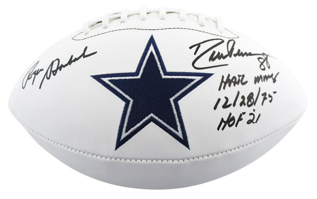 Roger Staubach & Drew Pearson "Hail Mary" Signed White Panel Logo Football: Roger Staubach & Drew Pearson "Hail Mary" Signed White Panel Logo Football Sport: Football-NFL Product: Helmet Original/Reprint: Original Player: Roger Staubach & Drew Pearson Team: Dallas Cowboys Aut