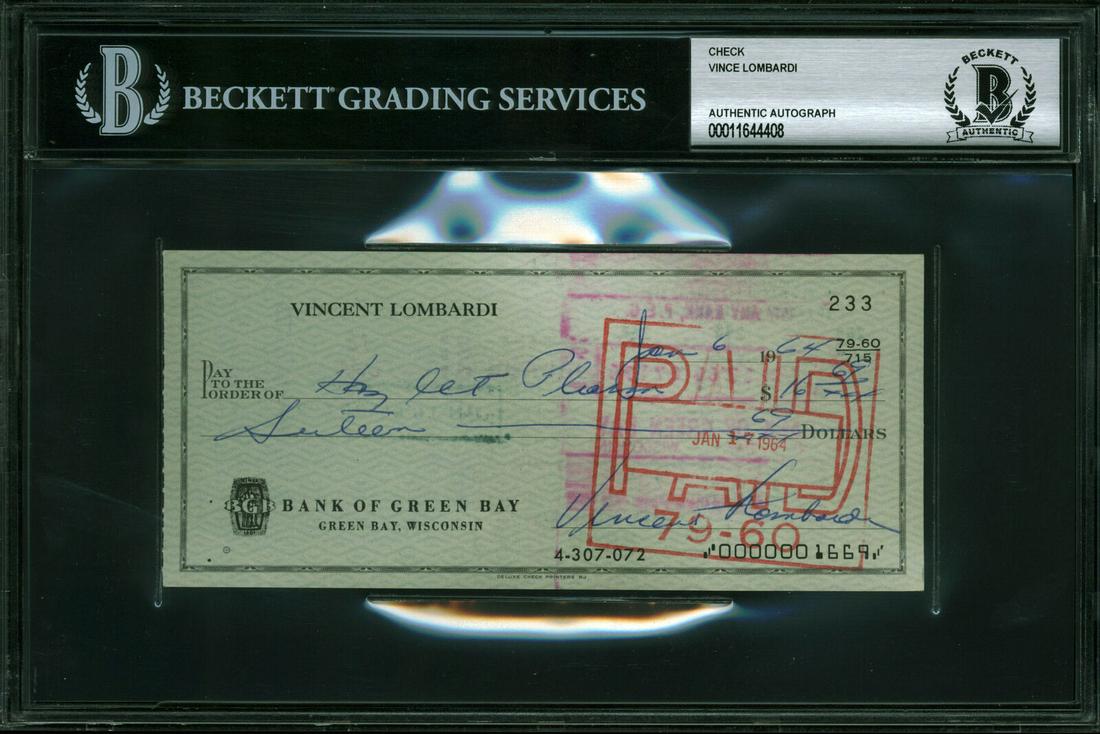 Packers Vince Lombardi Signed 2.75x6.25 Personal Check BAS Slabbed: Packers Vince Lombardi Signed 2.75x6.25 Personal Check BAS Slabbed Sport: Football-NFL Product: Check Original/Reprint: Original Player: Vince Lombardi Team: Green Bay Packers Autograph Authentication