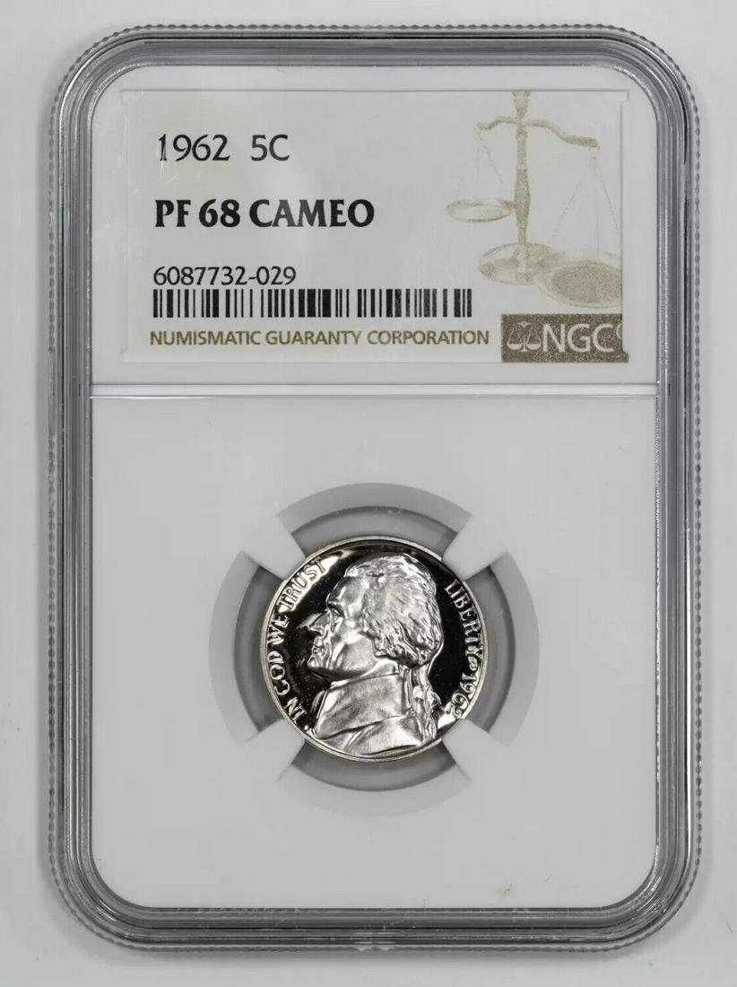 1962 PROOF JEFFERSON NICKEL 5C NGC CERTIFIED PF 68 CAMEO (029): 1962 PROOF JEFFERSON NICKEL 5C NGC CERTIFIED PF 68 CAMEO (029) Certification: NGC Composition: Nickel Grade: PF-68 Year: 1962 Circulated/Uncirculated: Uncirculated Strike Type: PR Mint Location: PHILA