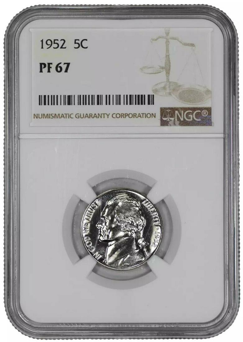 1952 PROOF JEFFERSON NICKEL 5C NGC CERTIFIED PF 67 - SPOT HAZE FREE: 1952 PROOF JEFFERSON NICKEL 5C NGC CERTIFIED PF 67 - SPOT HAZE FREE Certification: NGC Composition: Copper-Nickel Grade: PF-67 Year: 1952 Circulated/Uncirculated: Uncirculated Strike Type: PR Mint Loc