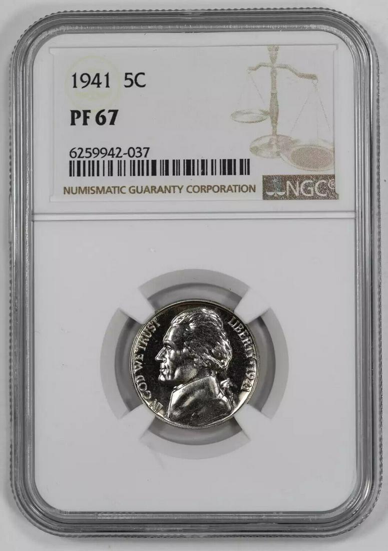 1941 PROOF JEFFERSON NICKEL 5C NGC CERTIFIED PF 67 PROOF (037): 1941 PROOF JEFFERSON NICKEL 5C NGC CERTIFIED PF 67 PROOF (037) Certification: NGC Composition: Nickel Grade: PF-67 Year: 1941 Circulated/Uncirculated: Uncirculated Strike Type: PR Mint Location: PHILA