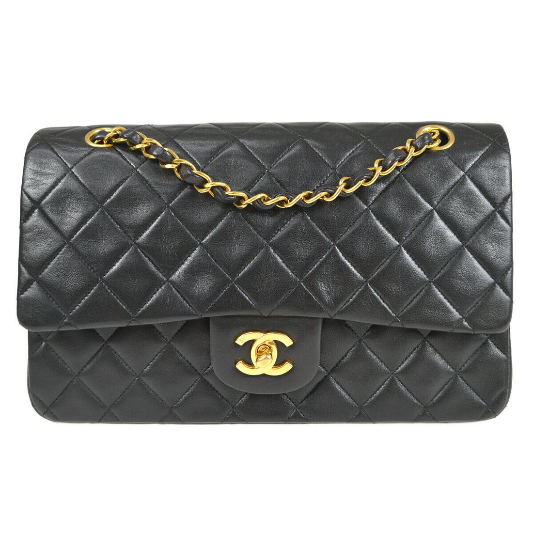 CHANEL Classic Double Flap Medium Shoulder Bag Black Lambskin Skin 3443312: CHANEL Classic Double Flap Medium Shoulder Bag Black Lambskin Skin 3443312 Bag Width: 10 in Closure: Turn Lock Bag Height: 6 in Size: Small Handle Style: Shoulder Strap Bag Depth: 3 in Exterior Materi