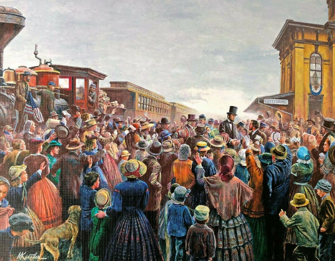 Mort Kunstler Civil War Print Mr. Lincoln Comes to Gettysburg Custom Framed: Mort Kunstler Civil War Print Mr. Lincoln Comes to Gettysburg Custom Framed Features: Framed Matted Region Of Origin: New York USA Item Width: 18 in Production Technique: Off Set Lithograph Listed By: