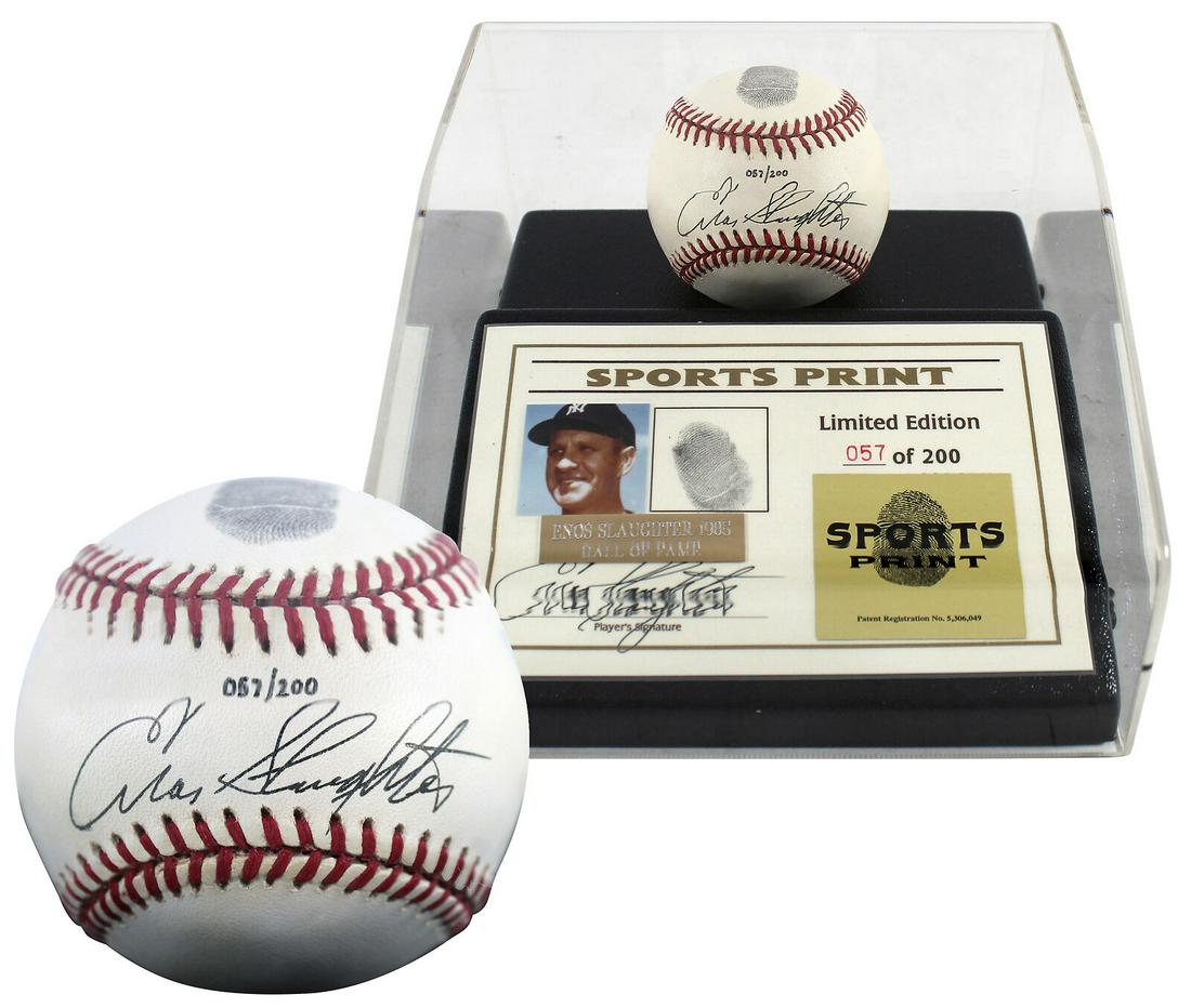Cardinals Enos Slaughter Signed Thumbprint Baseball LE #'d/200 Display Case BAS: Cardinals Enos Slaughter Signed Thumbprint Baseball LE #'d/200 Display Case BAS Sport: Baseball-MLB Product: Ball Original/Reprint: Original Player: Enos Slaughter Autograph Authentication: Beckett Te